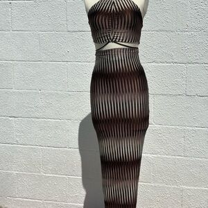 Chic Brown and Black Striped Two-Piece Dress